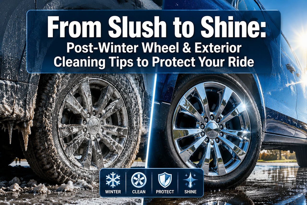 'From Slush to Shine: Post-Winter Wheel & Exterior Cleaning Tips to Protect Your Ride' in extra large 72pt white sans-serif font with dark shadow and semi-transparent overlay box, positioned in upper third center. Background shows stunning before-and-after split composition: left side displays dirty salt-crusted vehicle wheel with winter grime and road salt residue, right side shows gleaming clean chrome wheel with sparkling water droplets reflecting sunlight. Color scheme: deep blue, bright white, metallic silver accents. High contrast, magazine cover quality, editorial automotive detailing aesthetic with professional lighting emphasizing transformation from winter damage to pristine condition.