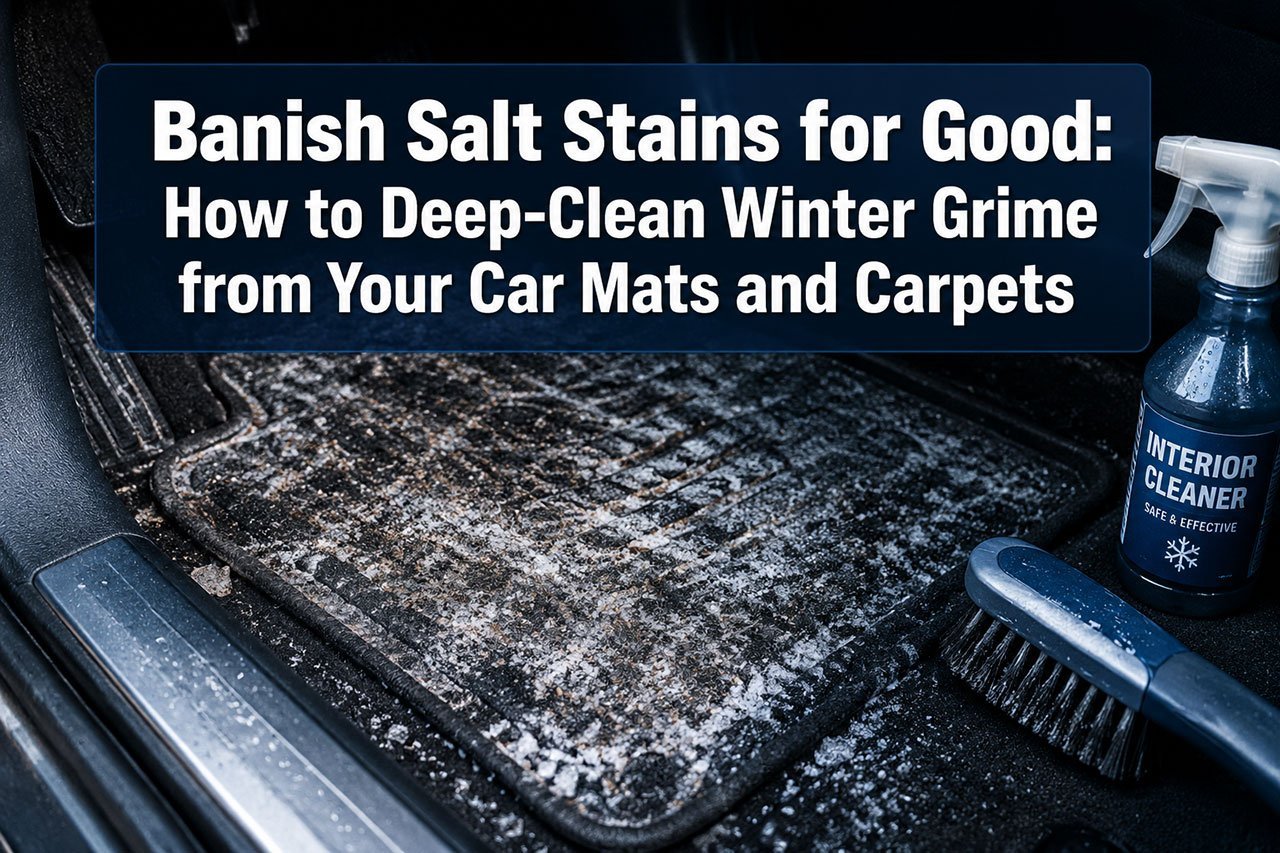'Banish Salt Stains for Good: How to Deep-Clean Winter Grime from Your Car Mats and Carpets' in extra large 72pt white bold sans-serif font with dark shadow and semi-transparent navy overlay box, positioned in upper third center. Background shows close-up of dirty car floor mat covered in white salt stains and winter slush against dark vehicle carpet, with cleaning brush and spray bottle visible at edge. Color scheme: deep navy blue, white, silver accents. High contrast, magazine cover quality, editorial automotive detailing aesthetic with professional lighting highlighting the texture of salt residue and grime.