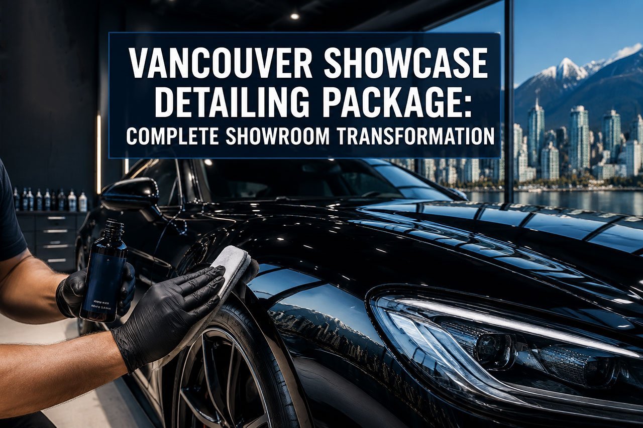 'Vancouver Showcase Detailing Package: Complete Showroom Transformation' in extra large 72pt white sans-serif font with dark shadow and semi-transparent navy overlay box, positioned in upper third center. Background shows stunning luxury vehicle with mirror-like glossy black paint finish reflecting Vancouver cityscape and mountains, parked in premium showroom with dramatic lighting highlighting perfect paint depth and shine. Foreground shows professional detailer's hands applying polish with microfiber applicator pad. Color scheme: deep navy blue, brilliant white, metallic silver accents. High contrast, magazine cover quality, editorial automotive style with premium aesthetic.