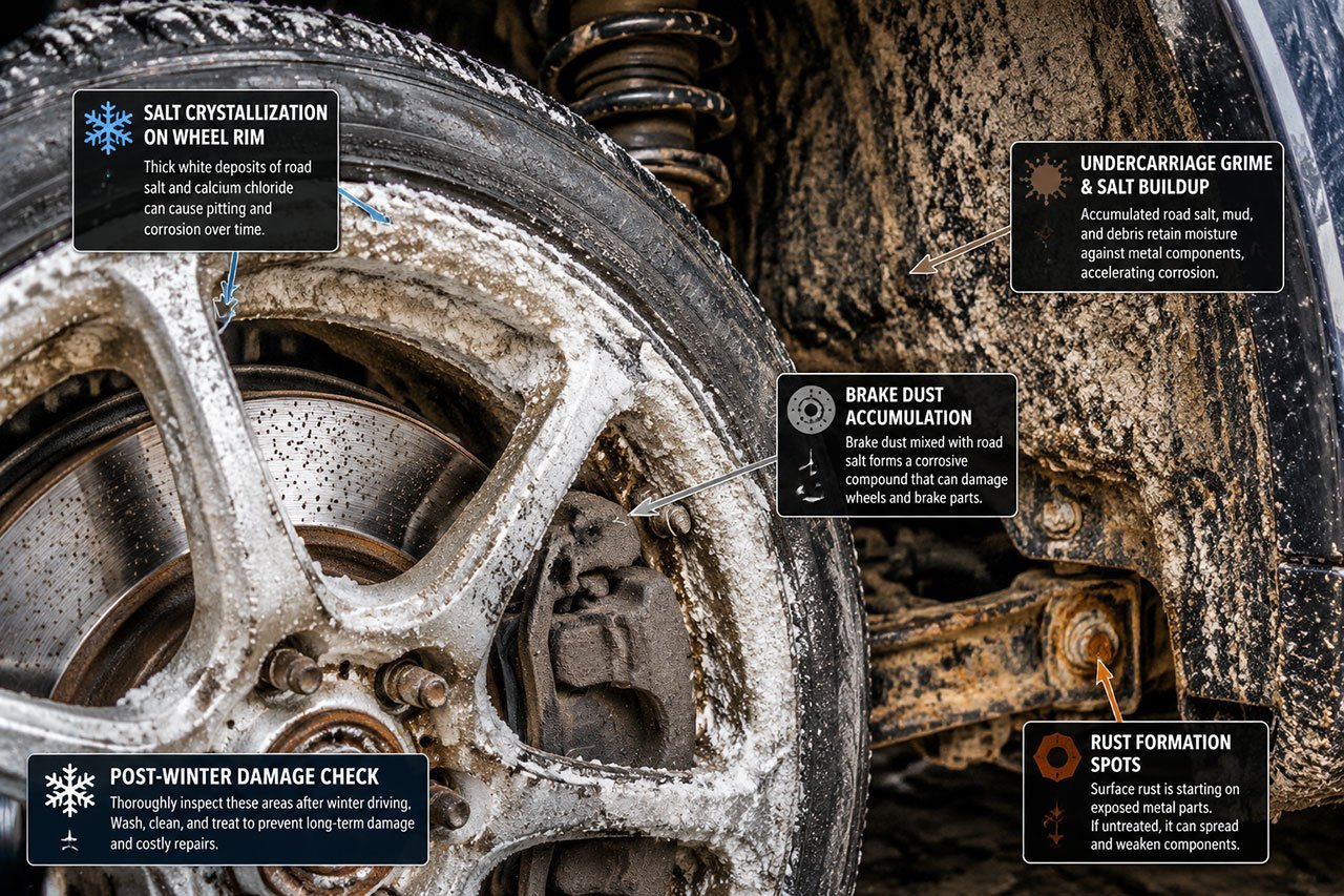 vehicle wheel well and brake components covered in thick white road salt deposits, brown mud splatter, and calcium buildup with visible corrosion starting on metal surfaces. Image includes labeled arrows pointing to problem areas: salt crystallization on wheel rim, brake dust accumulation, undercarriage grime, and rust formation spots. Professional automotive lighting highlights texture of winter damage. Color palette: whites, browns, oranges (rust), metallic grays. Educational infographic style with clean annotations and technical detail focus for post-winter assessment documentation.