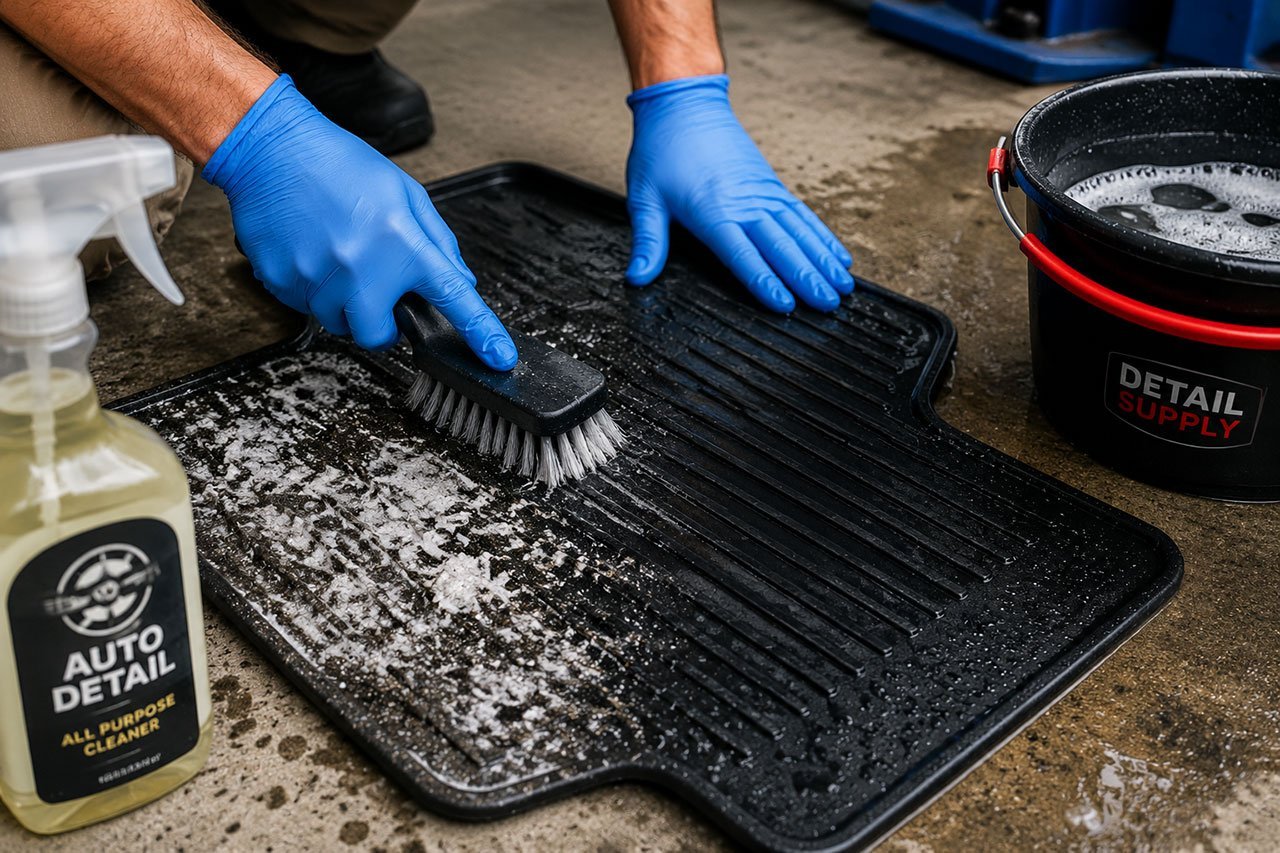 hands wearing blue nitrile gloves using a stiff-bristled brush to scrub white salt stains from a black rubber car floor mat, with spray bottle of cleaning solution in foreground and bucket of soapy water beside mat. Close-up perspective captures the texture of salt crystals dissolving under brush bristles, water droplets visible, garage floor setting with good natural lighting, professional automotive detailing workspace aesthetic, focus on the cleaning action and transformation from dirty to clean sections of the mat.