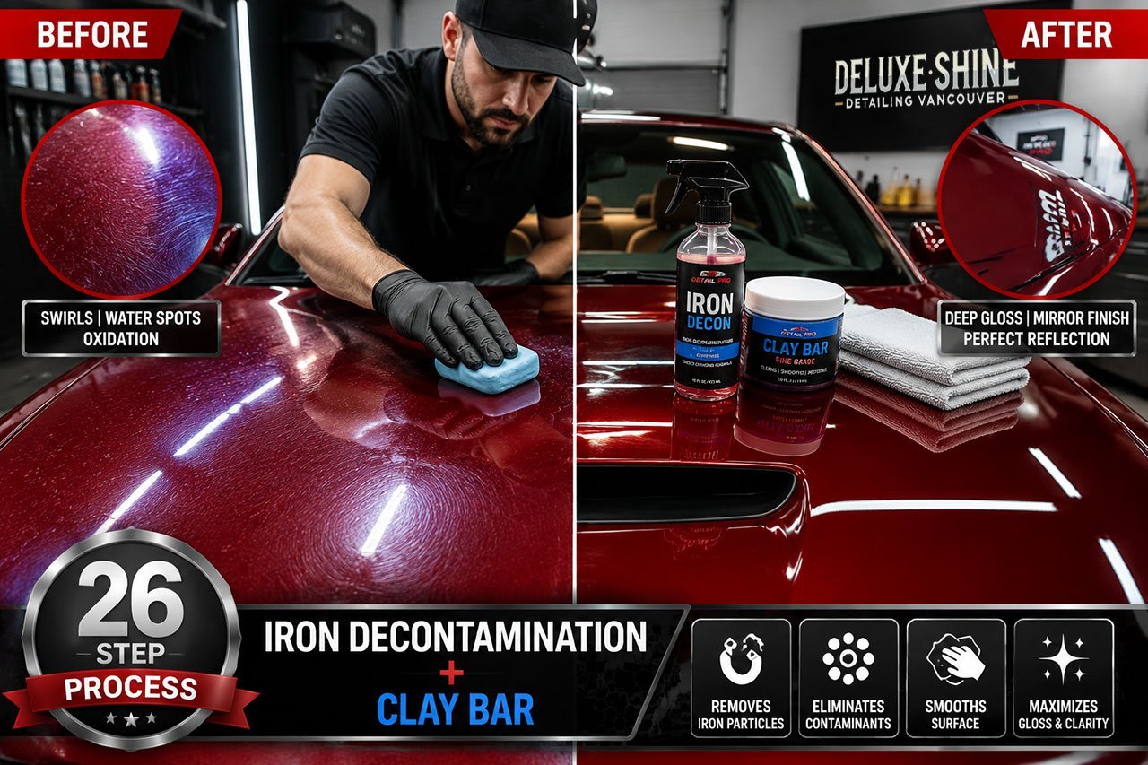 close-up split-screen comparison of vehicle exterior paint treatment process. Left side displays before condition with visible swirl marks, water spots, and oxidation under bright LED lighting. Right side shows after treatment with mirror-like glossy finish reflecting surrounding environment perfectly. Center of image features professional detailer applying clay bar treatment to hood section with iron decontamination spray bottle and microfiber towels visible. Inset graphics show '26-Step Process' badge and 'Iron Decontamination + Clay Bar' text overlay in modern sans-serif font. Automotive detailing studio background with professional equipment. Color palette: deep red vehicle paint, white microfiber towels, blue detailing products, bright studio lighting.