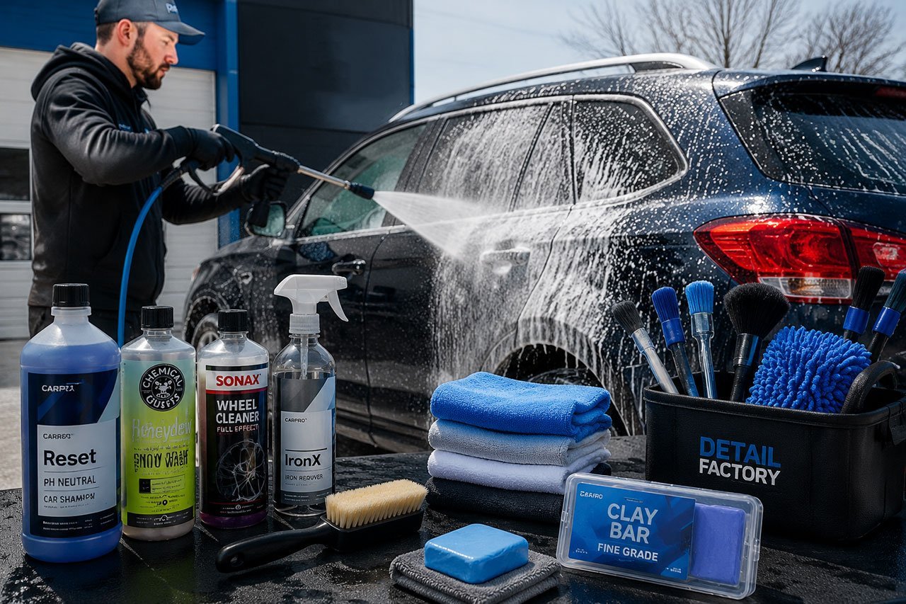 professional car detailing workspace scene with technician using pressure washer on vehicle exterior, creating dramatic spray pattern with soap suds and water droplets catching natural light. Foreground shows array of specialized cleaning products: pH-neutral car shampoo bottles, wheel cleaners, microfiber towels in organized caddy, soft-bristle brushes, and clay bar kit laid out on clean workbench. Background shows partially cleaned vehicle with visible cleaning progress line. Bright, clean aesthetic with blues, whites, and chrome accents. Action shot capturing proper post-winter cleaning technique with professional equipment and products clearly visible.