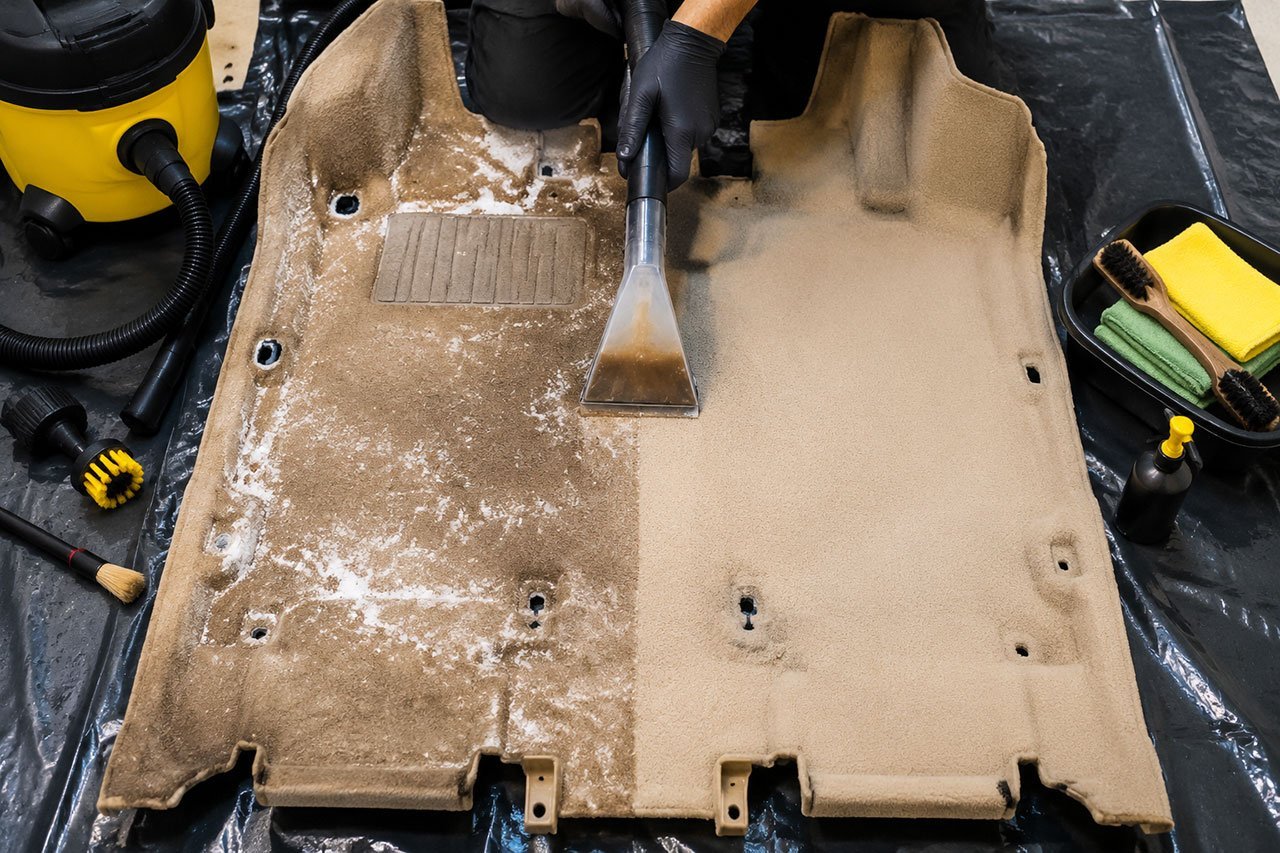 interior car carpet deep cleaning process with wet-dry vacuum extracting dirty water from beige vehicle carpet, showing before-and-after split composition with salt-stained carpet on left side and freshly cleaned carpet on right side. Visible cleaning tools include carpet cleaning machine nozzle, microfiber towels, and detailing brushes arranged on protective tarp. Overhead angle captures the contrast between dirty and clean sections, professional detailing bay environment with bright LED lighting, focus on the extraction of brown dirty water and restored carpet fibers.