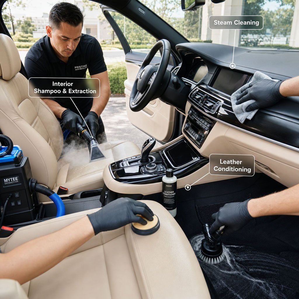 luxury vehicle interior during deep cleaning process showing multiple stages simultaneously. Front seats display steam cleaning extraction in progress with professional upholstery machine visible, center console area shows leather conditioning application with foam applicator, dashboard features vinyl cleaning with matte finish treatment, and floor area displays carpet scrubbing with rotating brush attachment. Professional detailer wearing black gloves working on driver's seat. Transparent overlay graphics show 'Interior Shampoo & Extraction', 'Leather Conditioning', and 'Steam Cleaning' labels with arrow pointers. Premium vehicle interior with beige leather seats, dark dashboard, and pristine carpets. Bright natural lighting through windows. Clean, professional automotive detailing aesthetic.