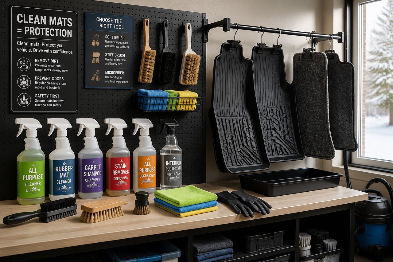 organized car mat maintenance station with various cleaning supplies arranged on workbench: spray bottles labeled for different solutions, multiple brush types (soft and stiff bristle), microfiber cloths in different colors, rubber gloves, and both rubber and carpet car mats hanging to dry on rack. Workshop setting with pegboard wall organization system, clean professional aesthetic, natural window lighting from side, educational display style showing proper tool selection and storage for ongoing car mat care throughout winter months.