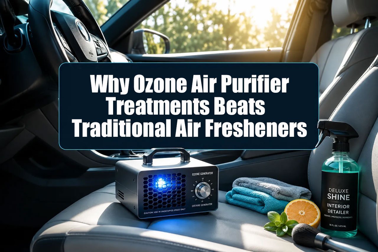 'Why Ozone Air Purifier Treatments Beats Air Fresheners', bold white sans-serif on a dark navy high-contrast overlay panel, centered with 8% safe margins from every edge — no character touches the edge. Background: BRIGHT editorial photograph of a clean car interior bathed in morning sunlight, a small ozone generator device glowing on the seat, fresh detailing cloths and citrus-scented cleaning tools nearby, magazine-quality automotive detailing aesthetic, crisp daylight, teal and white color grade.