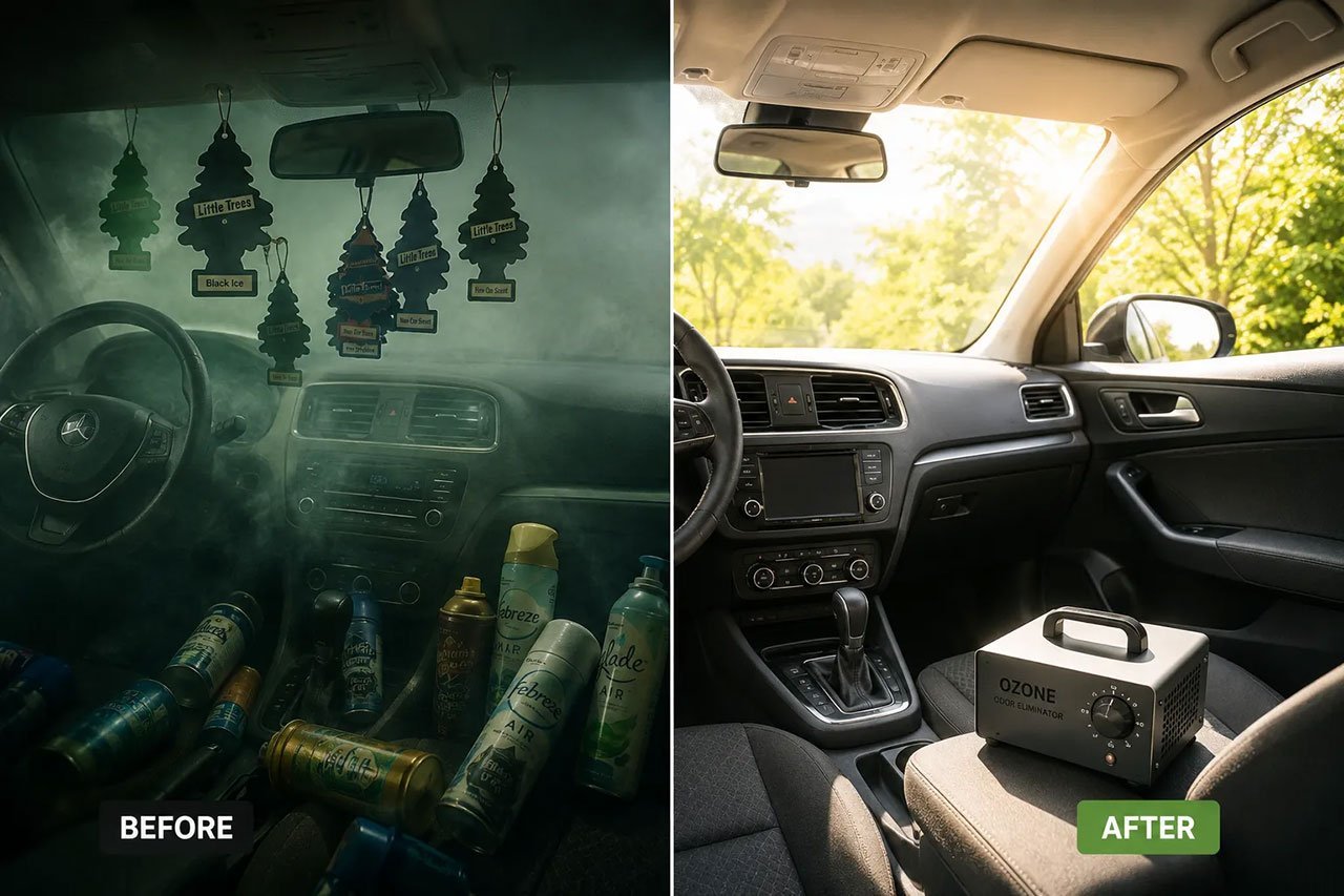 Split-screen editorial landscape: left half shows a foggy car interior with multiple hanging air freshener trees and spray cans cluttering the dashboard in dim greenish light, right half shows the same car interior clean, bright, and odor-free with a small ozone device on the seat and sunlight streaming in, high-contrast magazine composition, short label text only if needed, 8% safe margins.