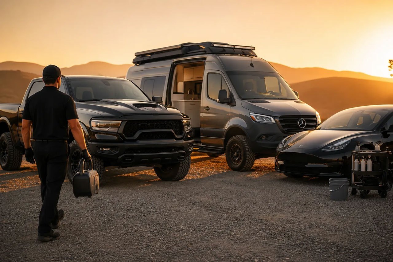A diverse group of vehicles — a pickup truck, a camper van, and a sedan — parked side by side at a mobile detailing yard at golden hour, a technician holding an ozone treatment device walking toward the truck, clean professional detailing equipment visible, warm natural lighting, aspirational lifestyle automotive photography.