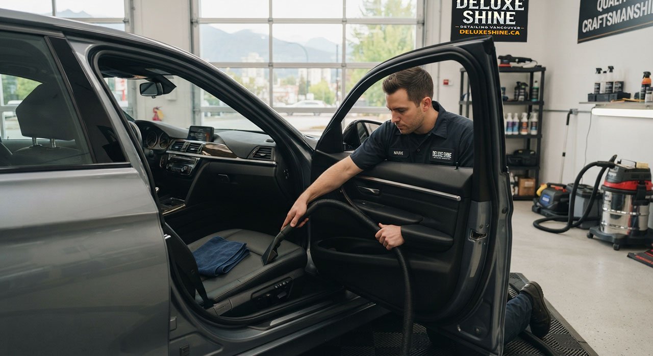 A professional auto detailer in navy branded workwear leans into the open door of a sedan parked inside a bright, modern detailing bay in Vancouver, gently vacuuming the driver's seat with a handheld vacuum attachment. Soft natural light streams through large garage windows, glinting off clean glass and polished dashboard trim. The car's interior looks spotless — no clutter, no dust — with a folded microfiber cloth resting on the passenger seat. The mood is calm, precise, and professional, conveying quality craftsmanship. Wide shot, shallow depth of field, warm neutral color palette, photorealistic, commercial automotive photography style.