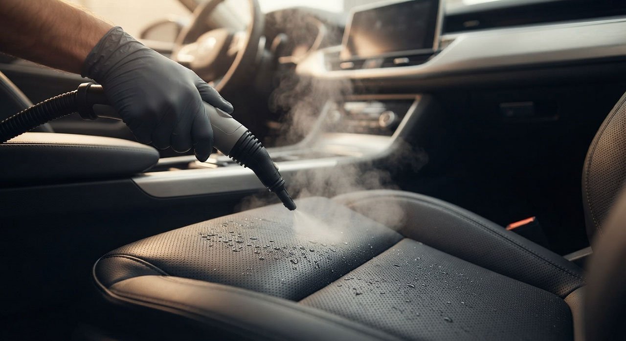 A close-up, photorealistic shot of a gloved hand using a handheld steam cleaner on a car's leather seat, with visible steam rising and beading water droplets on the dark leather surface. The dashboard and center console are visible in the soft-focus background, clean and streak-free. Warm interior lighting highlights the texture of the leather and the fine mist of steam. The composition feels detailed and tactile, emphasizing hygiene and deep cleaning. No visible logos or text. Shot like a high-end automotive detailing advertisement, shallow depth of field, crisp focus on the steam and leather grain.
