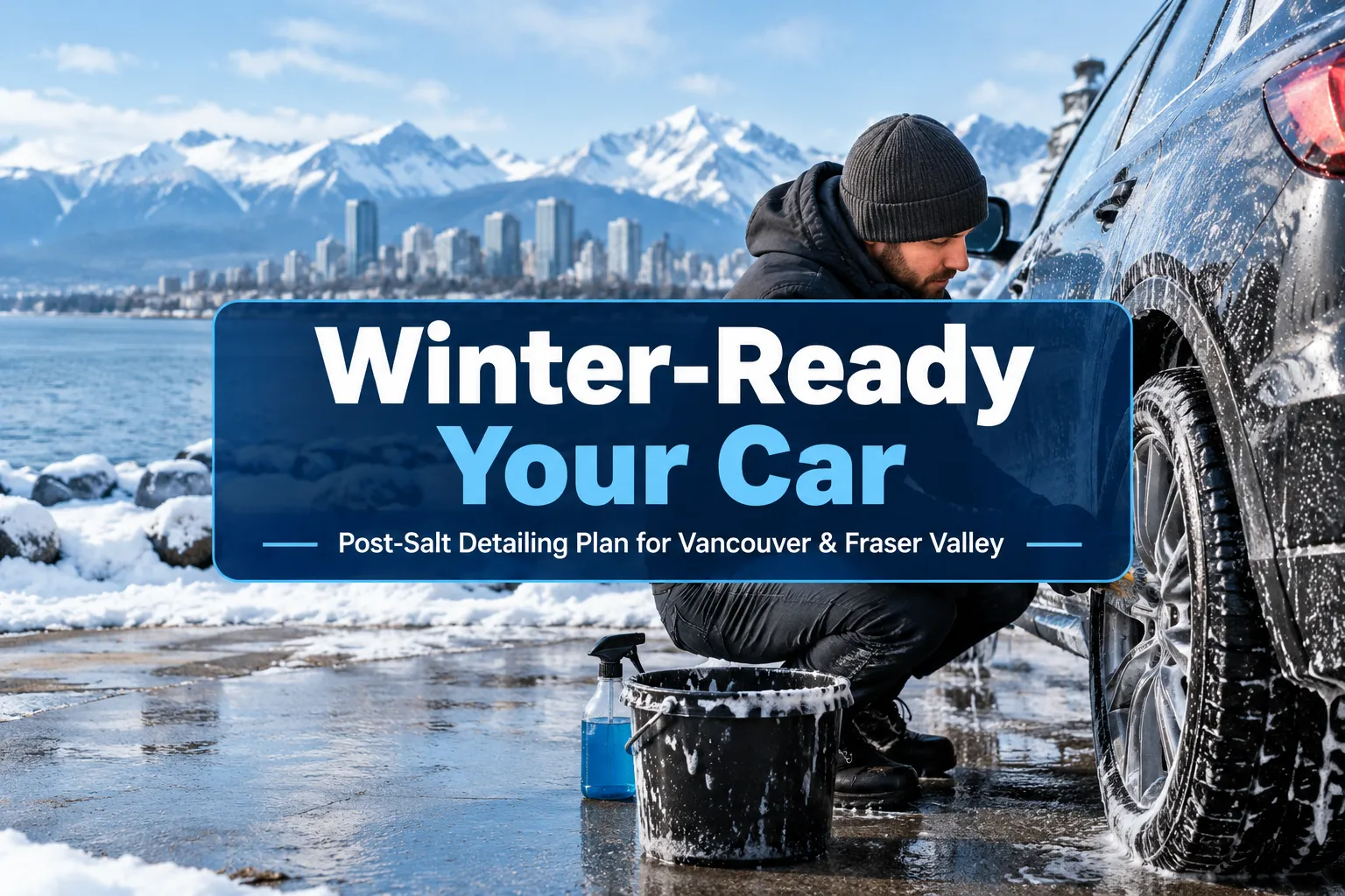 Man in a black beanie crouches beside a soapy SUV, scrubbing its wheel on a snowy waterfront with a bucket and spray bottle. Vancouver’s skyline and snow-capped mountains rise behind a banner reading Winter-Ready Your Car, a post-salt detailing plan. Man in a black beanie crouches beside a soapy SUV, scrubbing its wheel on a snowy waterfront with a bucket and spray bottle. Vancouver's skyline and snow-capped mountains rise behind a banner reading Winter-Ready Your Car, a post-salt detailing plan.