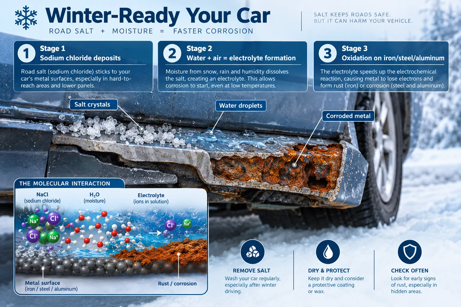 Infographic explaining how road salt corrodes cars in three stages: salt deposits, electrolyte formation with moisture, and oxidation. A rusted rocker panel shows salt crystals and water droplets, with a molecular diagram and tips to wash, dry, protect and inspect.