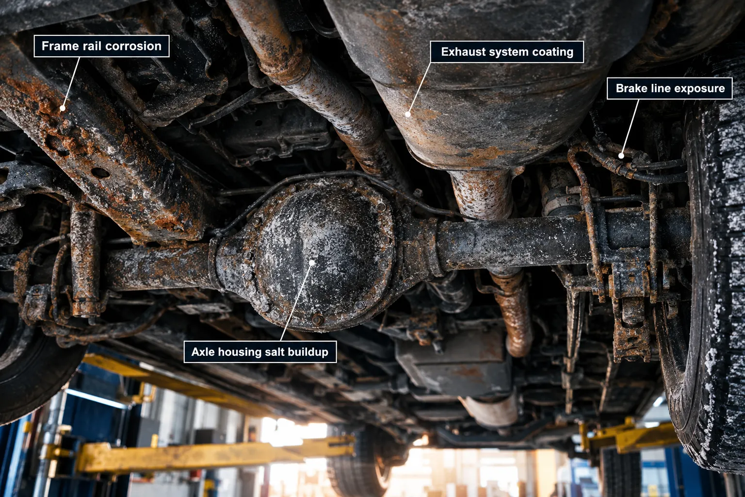 Underside of a vehicle on a shop lift showing winter salt damage, with labels pointing to frame rail corrosion, axle housing salt buildup, exhaust system coating and brake line exposure. Rust and white salt residue heavily cover the metal components.