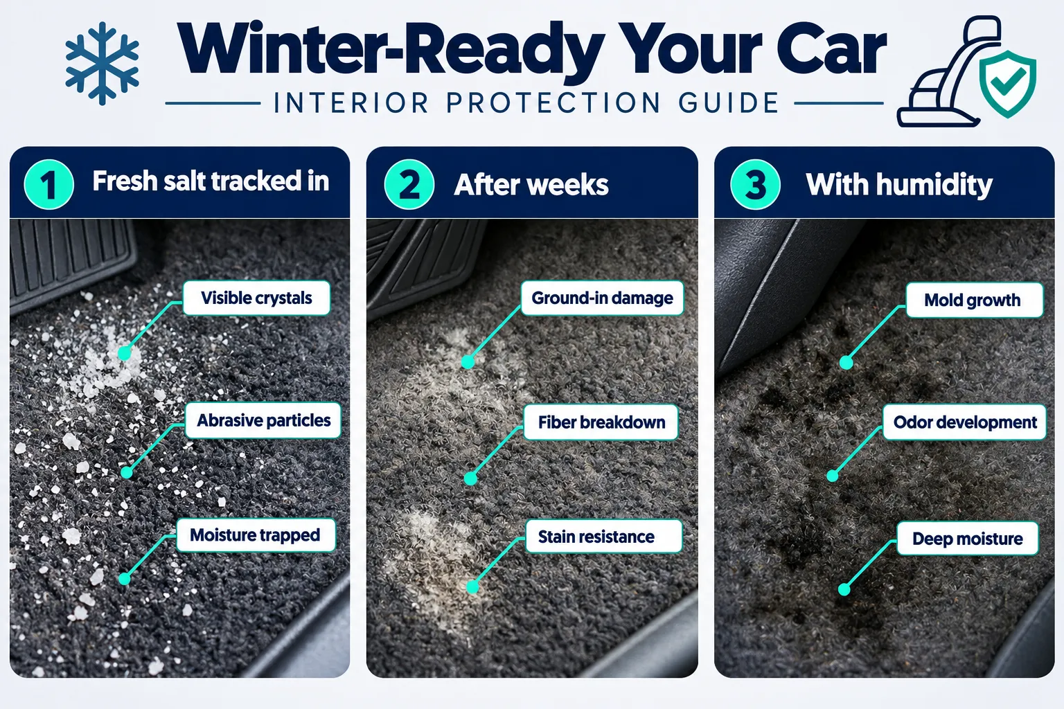 Interior protection guide showing three stages of salt damage to dark car floor carpet: fresh, abrasive salt crystals and trapped moisture, ground-in stains and fiber breakdown after weeks, and mold growth, musty odor and deep moisture when humidity sets in.