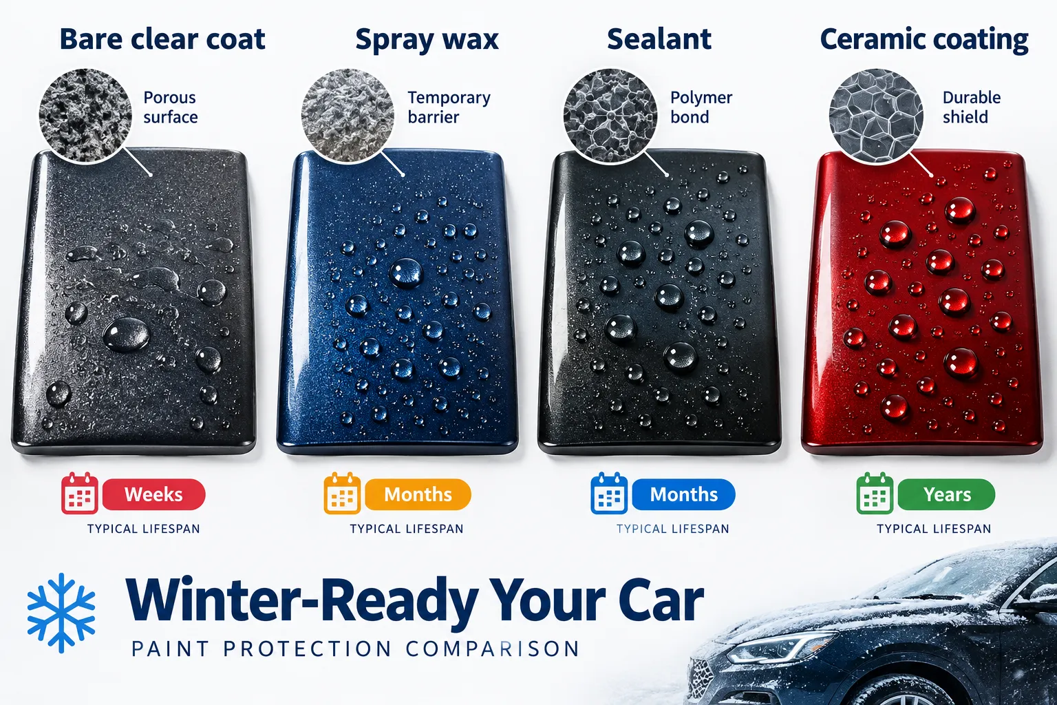 Paint protection comparison infographic showing four car paint panels with water beading: bare clear coat lasts weeks, spray wax and sealant last months, and ceramic coating lasts years. Magnified circles show each surface's microscopic texture, beside a snow-dusted dark car.